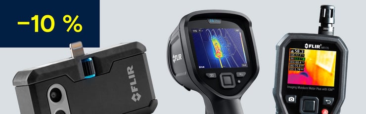 Bannière avec « –10 % » et trois appareils de thermographie et de mesure FLIR avec écrans thermiques colorés sur fond gris.
