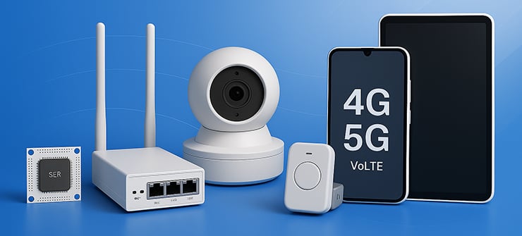 Plusieurs appareils de communication modernes comme un routeur, une caméra, une puce, un bouton d’urgence, un smartphone avec indication 4G/5G et une tablette sur un fond bleu.