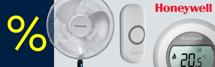 Bannière publicitaire présentant trois produits blancs de la marque Honeywell.