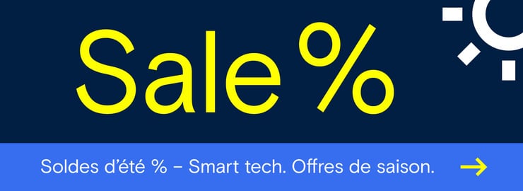 Bannière publicitaire relative à la promo Soldes d'été avec un soleil dans le coin supérieur droit. 