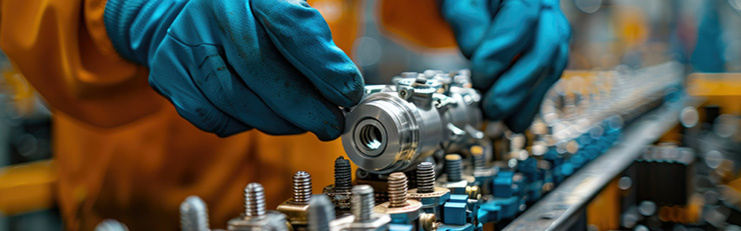 Une personne portant des gants bleus assemble une pièce métallique sur une chaîne de production.