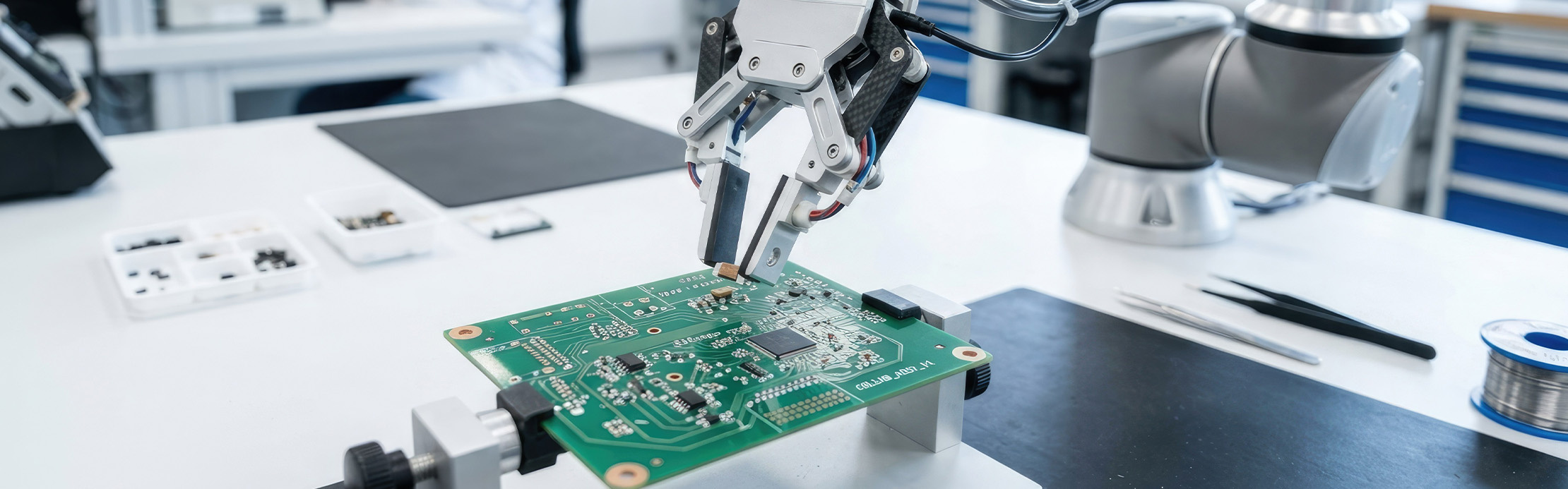 Un bras robotisé saisit des composants au-dessus d'un circuit imprimé vert sur un poste de travail de laboratoire.