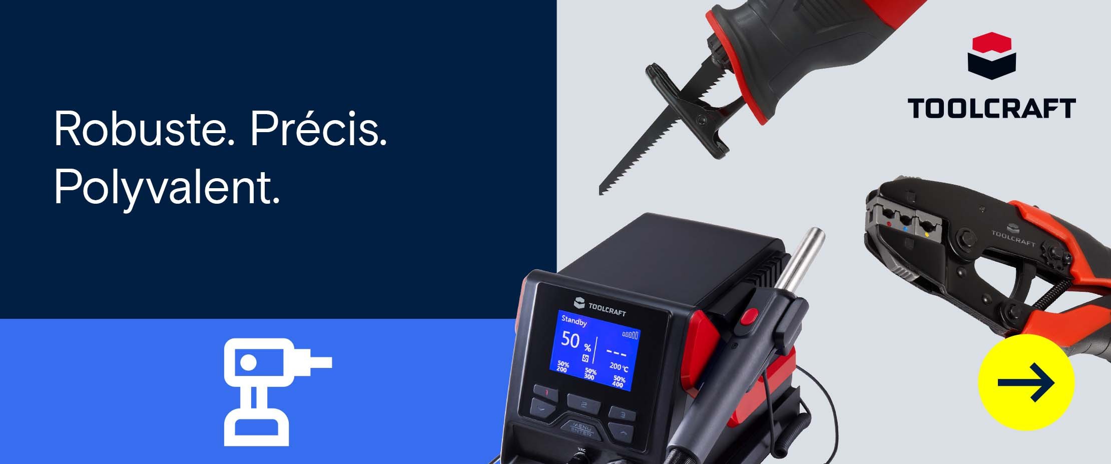 annière publicitaire de Toolcraft avec des outils et le slogan « Robuste. Précis. Polyvalent. »