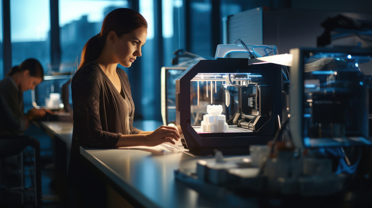 Une femme travaille sur une imprimante 3D dans un laboratoire moderne.