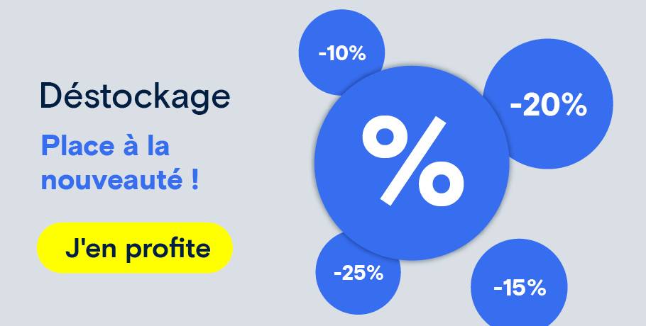 « Déstockage » avec cercles bleus en pourcentage et bouton « Économiser maintenant ». Redirection vers une sélection de produits sur le thème du déstockage