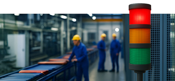 Trois ouvriers du bâtiment en bleu de travail et portant des casques jaunes dans une usine. A droite, un feu tricolore vert-jaune-rouge avec le feu rouge allumé.
