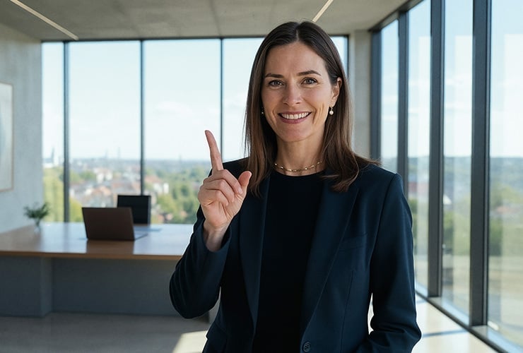Une femme d’affaires en costume pointe le doigt vers le haut dans un bureau moderne.