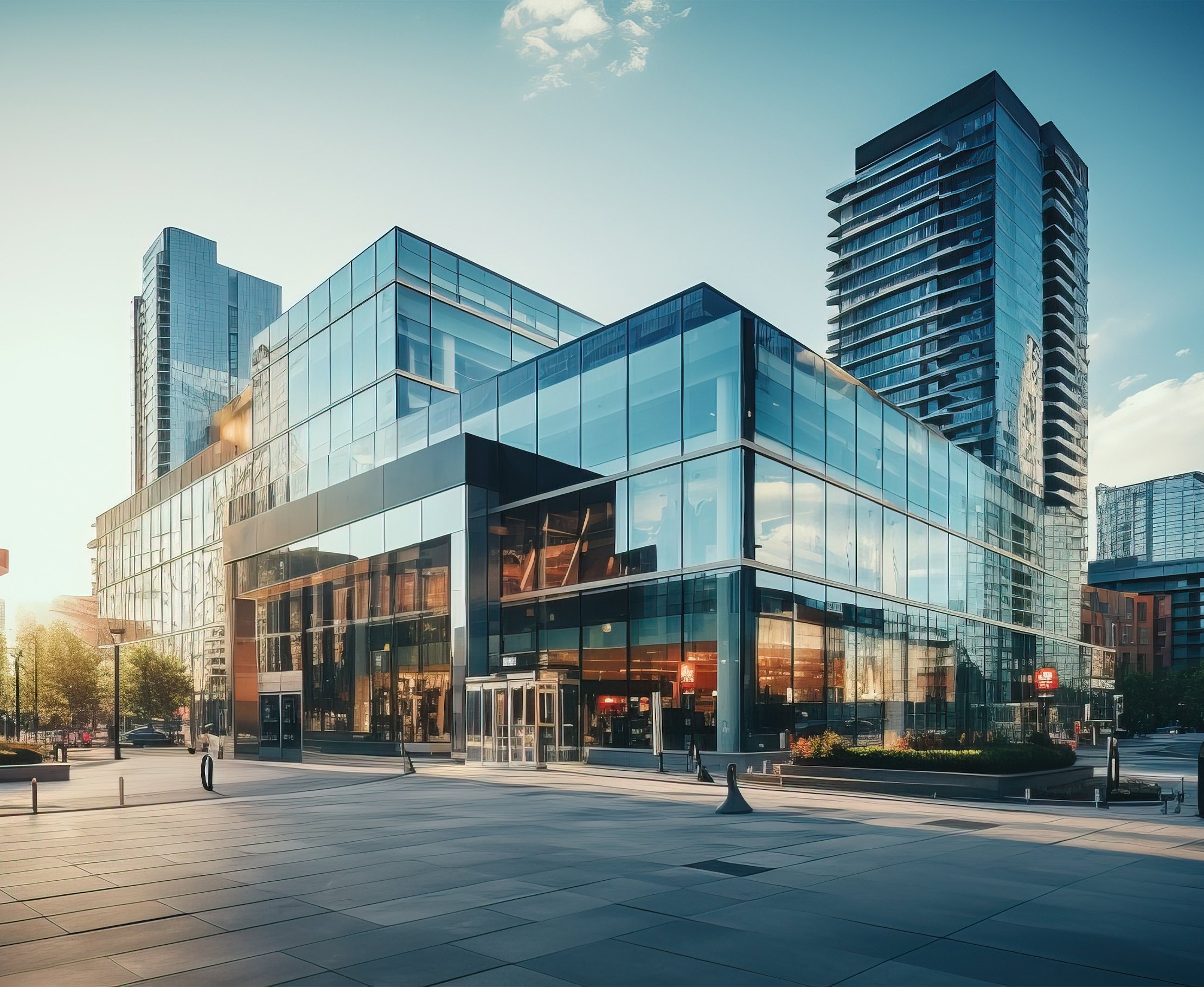 Immeuble de bureaux moderne avec façade en verre dans une skyline urbaine en plein jour – symbole d’une gestion intelligente des bâtiments et d’une architecture contemporaine