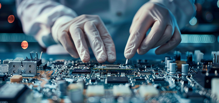 Gros plan sur des mains gantées assemblant des composants électroniques sur un circuit imprimé.