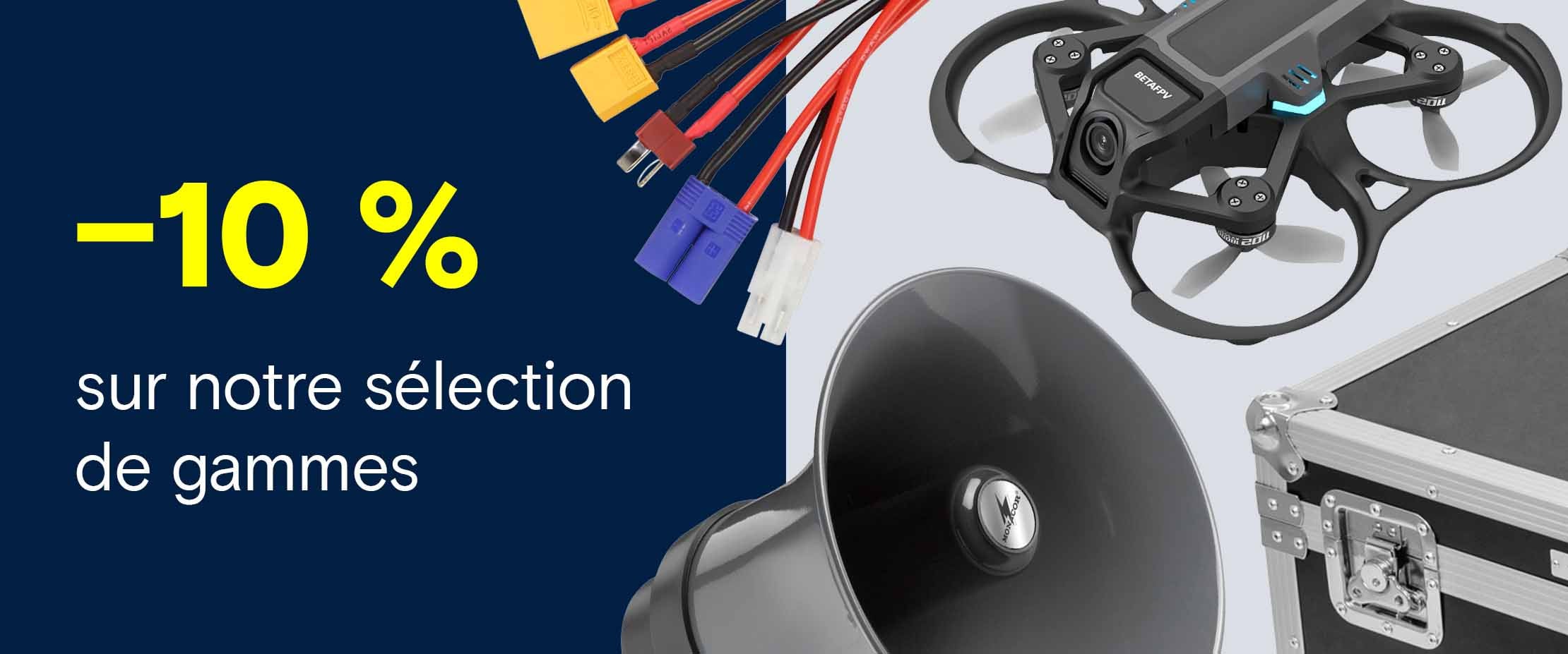 Bannière annonçant 10 % de réduction sur une sélection d’assortiments, illustrée par un drone, un haut-parleur, des câbles et une mallette de transport.