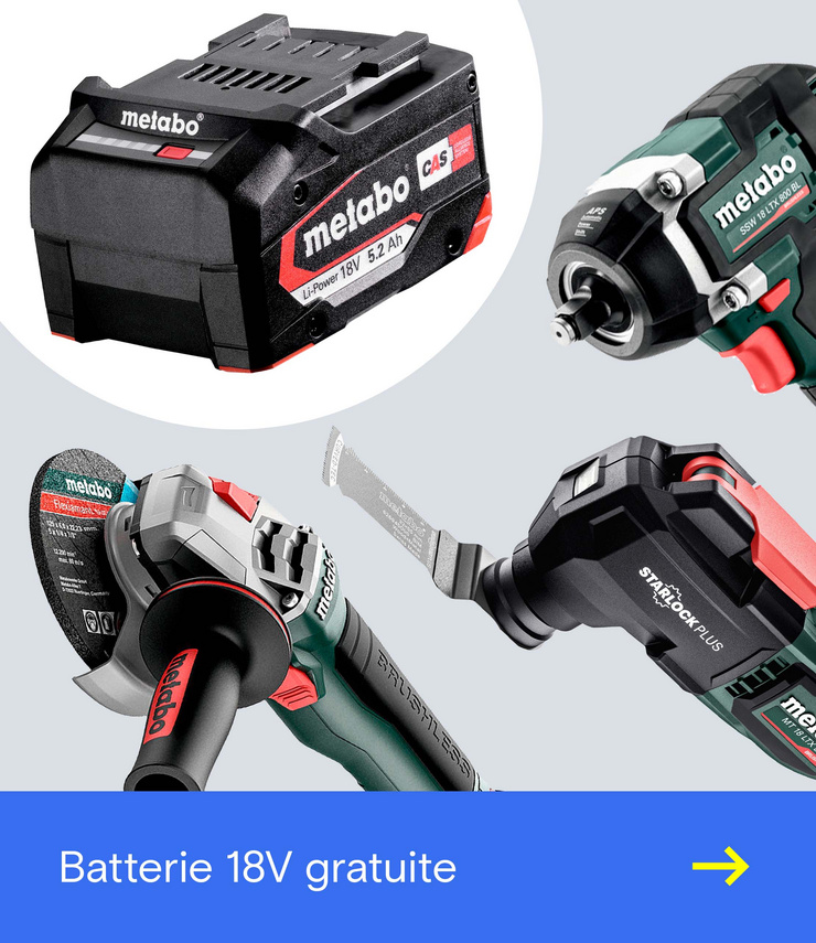 Image publicitaire Metabo présentant un pack batterie 18 V, une visseuse à chocs sans fil, une meuleuse d'angle sans fil et un accessoire pour scie sabre, ainsi qu'une bannière bleue indiquant « Obtenir un pack batterie 18 V en cadeau ».