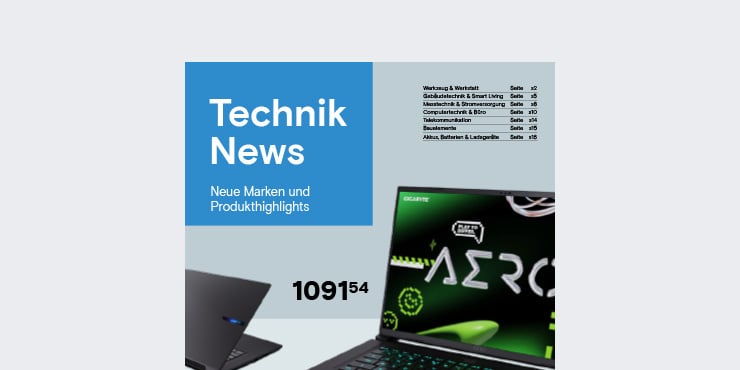 Recto d'un catalogue intitulé « Actualités technologiques » accompagné de deux laptops