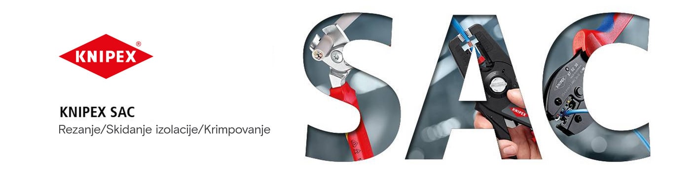 Knipex SAC banner s tekstom "S-Rezanje/A-Striping/C-Krimpovanje". Slova "SAC" sadrže slike Knipex alata u akciji.