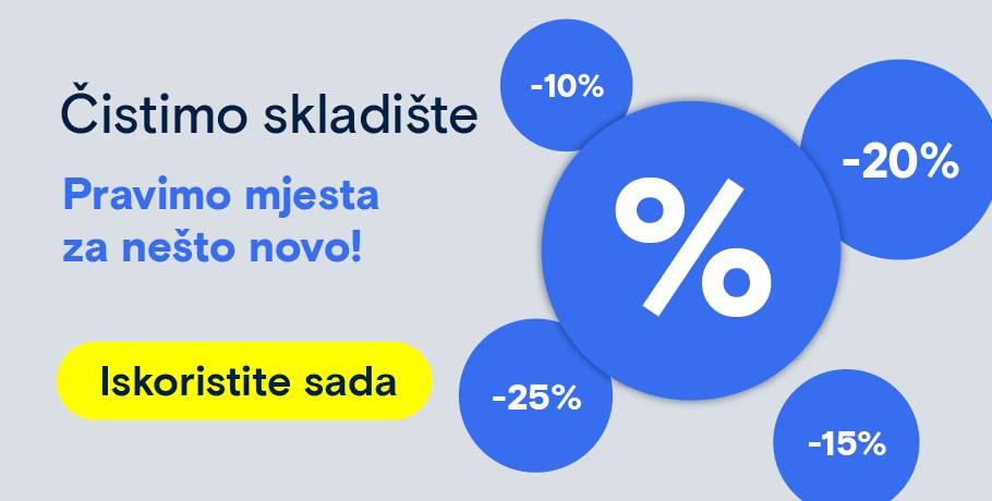 "Rasprodaja zaliha" s plavim krugovima s postocima i gumbom "Spremi sada". Preusmjerite se na odabir proizvoda vezan uz temu rasprodaje zaliha.