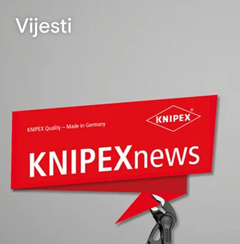 Slika iz biltena Knipexnews, s crvenim grafičkim elementom i parom Knipex kliješta koji vire ispod.