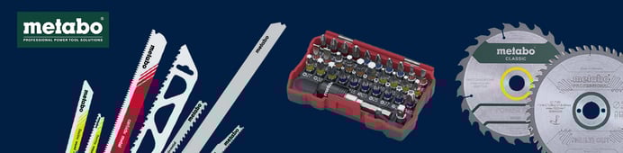 Metabo Banner mit Sägeblättern, Bit-Set und Kreissägeblättern.