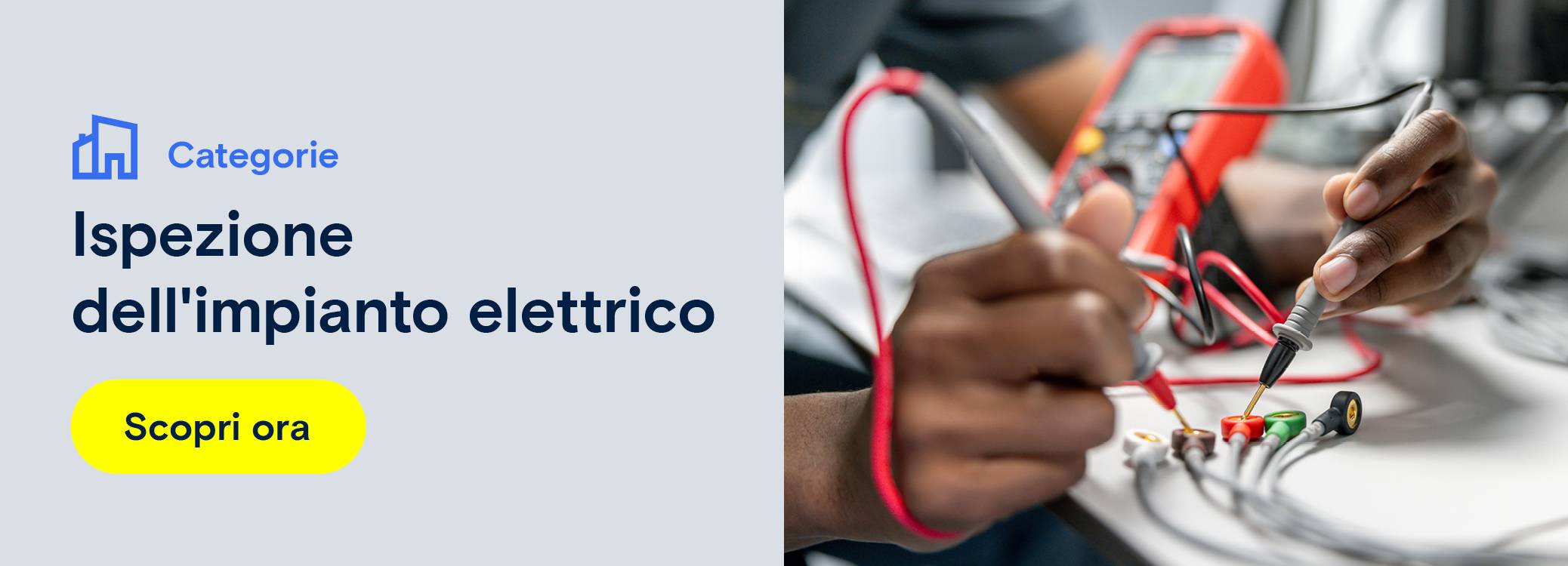 Nell'immagine si vede una pubblicità per il controllo delle installazioni elettriche. Reindirizzamento a una pagina di categoria di prodotti sul controllo delle installazioni elettriche.