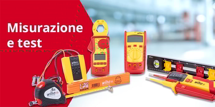 Apparecchiature di misura e collaudo Wiha, metro a nastro pieghevole, dispositivi di misura e dispositivo di misura digitale.