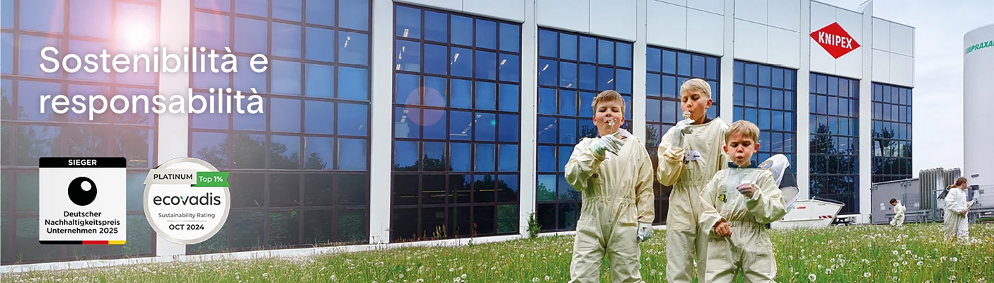 Tre bambini in tuta da lavoro sono in piedi su un prato davanti al moderno edificio Knipex. Il testo recita: "Sostenibilità e responsabilità".