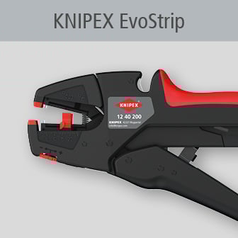 Un Knipex EvoStrip, uno strumento nero e rosso per spelare i fili.