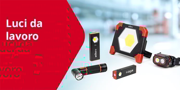 Lampade da lavoro Wiha, vari modelli in fila.