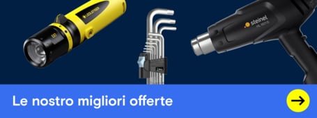Un insieme di strumenti, tra cui una torcia elettrica, chiavi a brugola e una pistola termica, è visualizzato su uno sfondo blu.