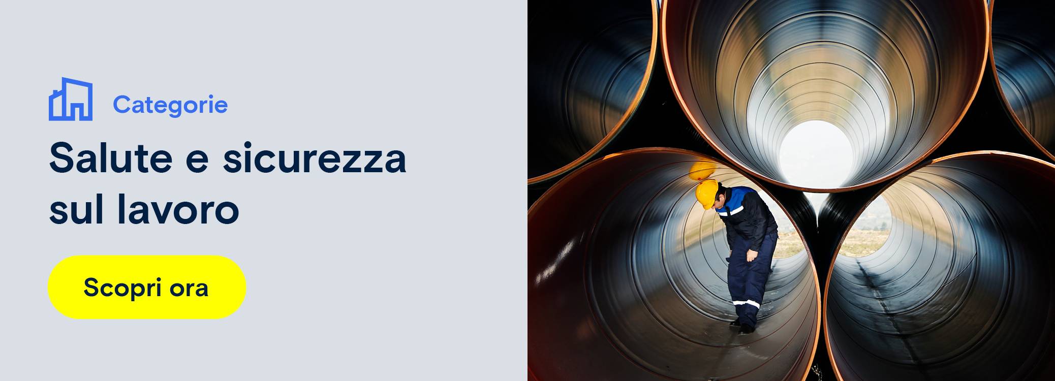 Nell'immagine si vede una pubblicità per la sicurezza e la protezione del lavoro. Reindirizzamento a una pagina di categoria di prodotti sulla sicurezza e la protezione del lavoro.