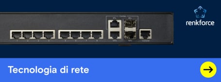 Viene visualizzato uno switch di rete Renkforce con otto porte Ethernet e due porte SFP.