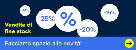 Un annuncio di vendita in italiano annuncia sconti di fine stock fino al 25%.