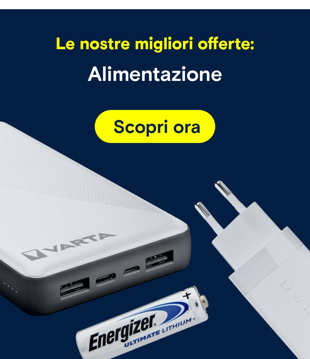 L'immagine degli alimentatori mostra un power bank Varta, un caricatore da parete Varta e una batteria Energizer.