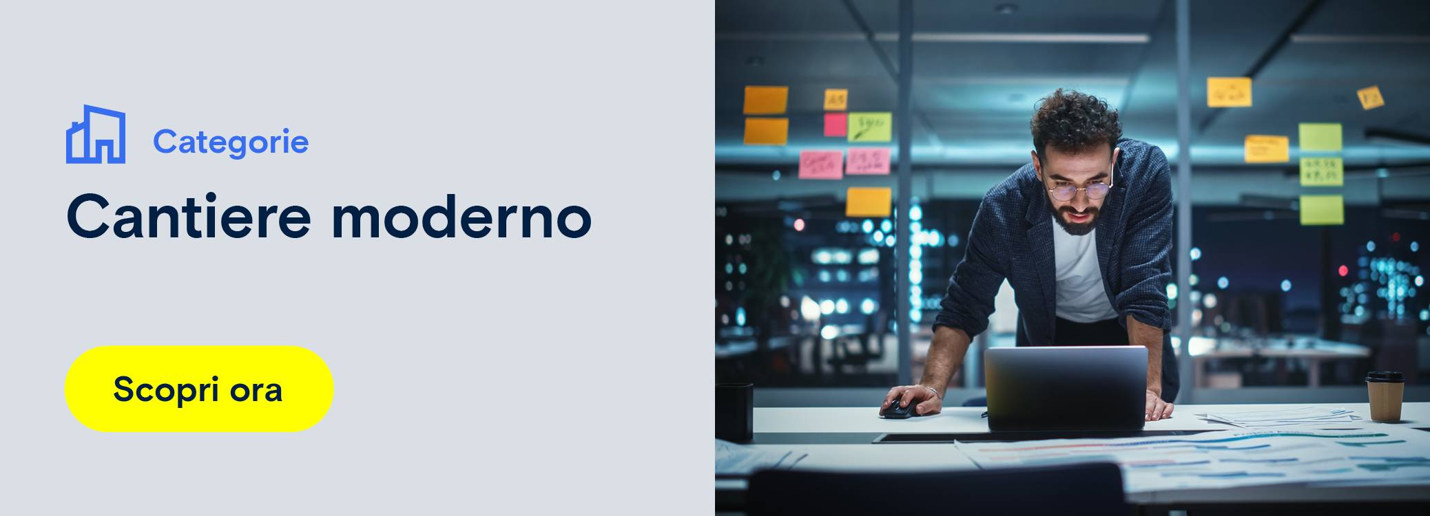 Nell'immagine si vede una pubblicità per un moderno ufficio di progettazione. Reindirizzamento a una pagina di categoria di prodotti sugli uffici di progettazione moderni.