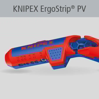 Un Knipex ErgoStrip PV, uno strumento blu e rosso per spelare i fili.