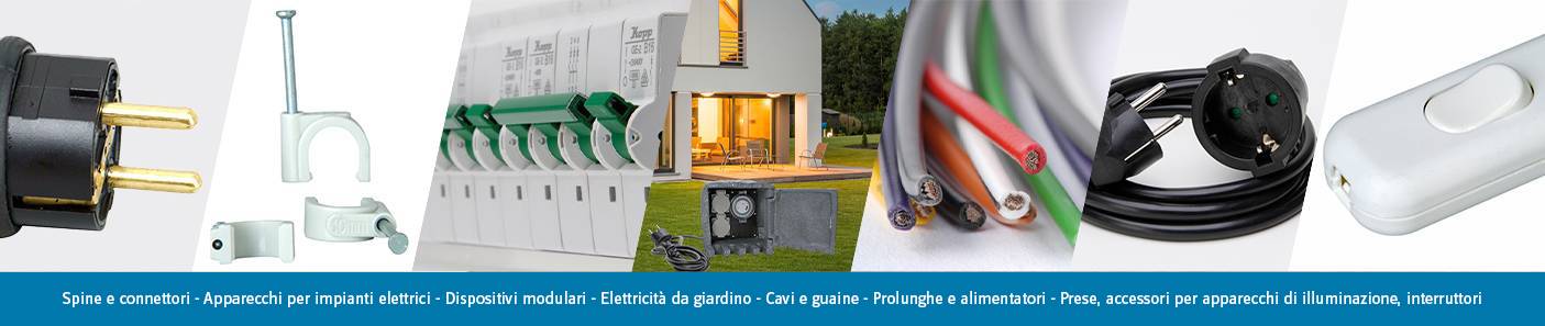 Spine e connettori - Apparecchi per impianti elettrici - Dispositivi modulari - Elettricità da giardino - Cavi e guaine - Prolunghe e alimentatori - Prese, accessori per apparecchi di illuminazione, interruttori