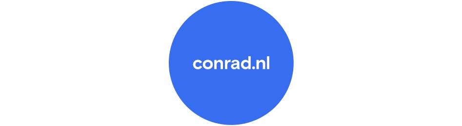 Blauwe cirkel met witte letters “conrad.nl”.