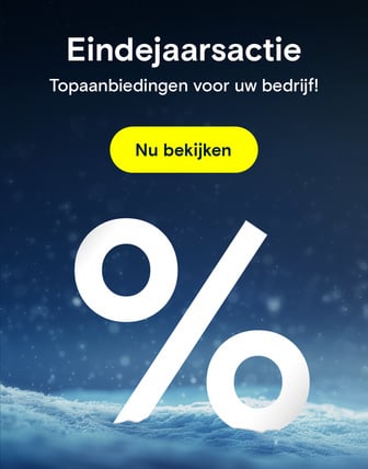 Een groot, wit procentteken staat in de sneeuw onder de tekst "Eindejaarsactie" en "Topaanbiedingen voor uw bedrijf!".
