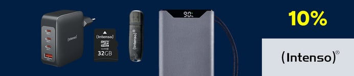 Een banner voor het merk “Intenso” met verschillende opslag- en voedingsproducten zoals een powerbank, een geheugenkaart en een USB-stick.