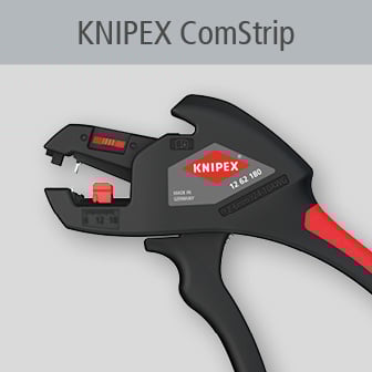 Een Knipex ComStrip, een zwart/rood gereedschap voor het strippen van draden.