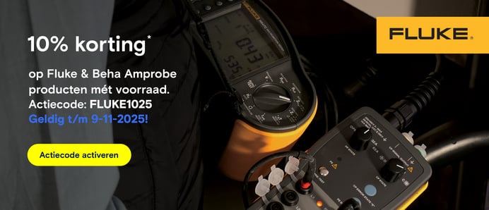 10% korting op Fluke & Beha Amprobe* Twee Fluke meetinstrumenten, een multimeter en een stroomtang, liggen op een donkere ondergrond. De tekst luidt: "10% korting op Fluke & Beha Amprobe producten mét voorraad".