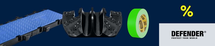 Een banner voor het merk “DEFENDER” met kabelbeschermingsproducten, zoals je op de foto kunt zien.
