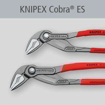 Een paar Knipex Cobra ES waterpomptangen met rode handgrepen en de tekst 'self-locking'.