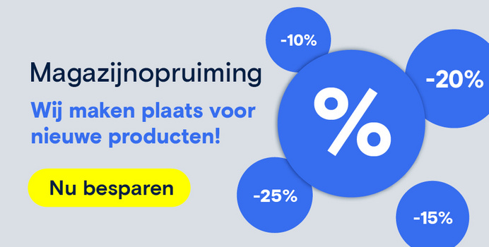 “Uitverkoop” met blauwe cirkels met percentages en een knop “Nu besparen”. Doorverwijzing naar een productselectie rond het thema uitverkoop