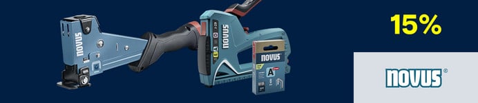 Blauwe banner voor Novus gereedschap met een blauwe nietmachine, een blauwe niettang en een pakje nietjes, met “15% korting” en het Novus logo.