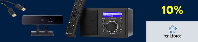  Een banner voor het merk “RENKFORCE” met verschillende IT-producten zoals een router en een harde schijf