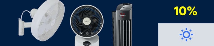 Een banner voor ventilatoren en airconditioners (zonder specifiek merk, maar met een zonnesymbool en een sneeuwvloksymbool)