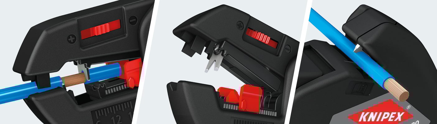 Drie close-ups van de Knipex ComStrip, die het proces van het strippen van een blauwe draad laten zien.