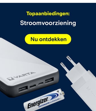Een afbeelding voor stroomvoorzieningen toont een Varta powerbank, een Varta muurlader en een Energizer batterij.