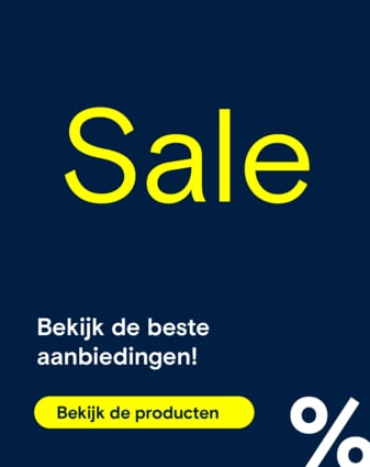 Deze afbeelding maakt reclame voor een promotie met de zin “Bekijk de beste aanbiedingen!” en een knop om producten te bekijken, tegen een donkerblauwe achtergrond met een prominent wit procentsymbool..
