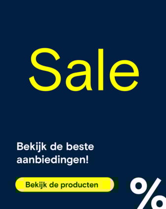 Deze afbeelding maakt reclame voor een promotie met de zin “Bekijk de beste aanbiedingen!” en een knop om producten te bekijken, tegen een donkerblauwe achtergrond met een prominent wit procentsymbool..