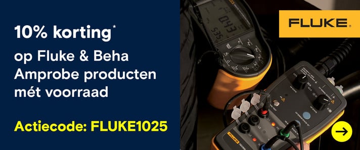 10% korting op Fluke & Beha Amprobe producten mét voorraad* Twee Fluke meetinstrumenten, een multimeter en een stroomtang, liggen op een donkere ondergrond. De tekst luidt: "10% korting op Fluke & Beha Amprobe producten mét voorraad".