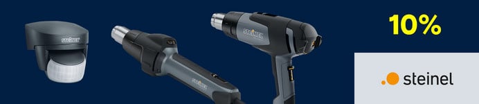 Een banner voor het merk “steinel” met een warmtepistool en een lijmpistool. Het biedt “10% korting” op direct beschikbare artikelen met de promotiecode BLUE251.Een banner voor het merk “DEFENDER” met producten voor kabelbescherming, zoals je kunt zien op de foto.